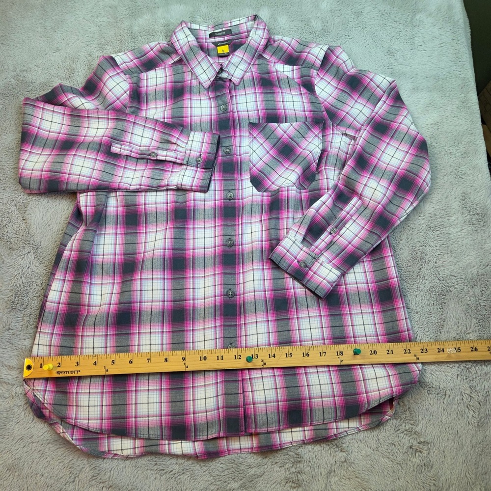 Eddie Bauer Flannel Shirt Womens PL Classic Fit Plaid Button‎ Front Pink & Grey
